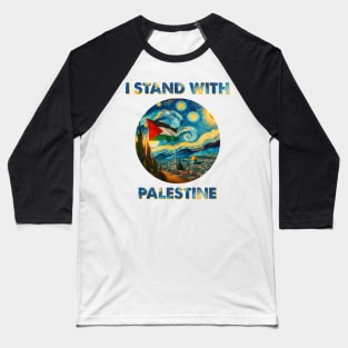 I Stand with Palestine: Van Gogh Style Starry Night on Jerusalem Mosque Baseball T-Shirt